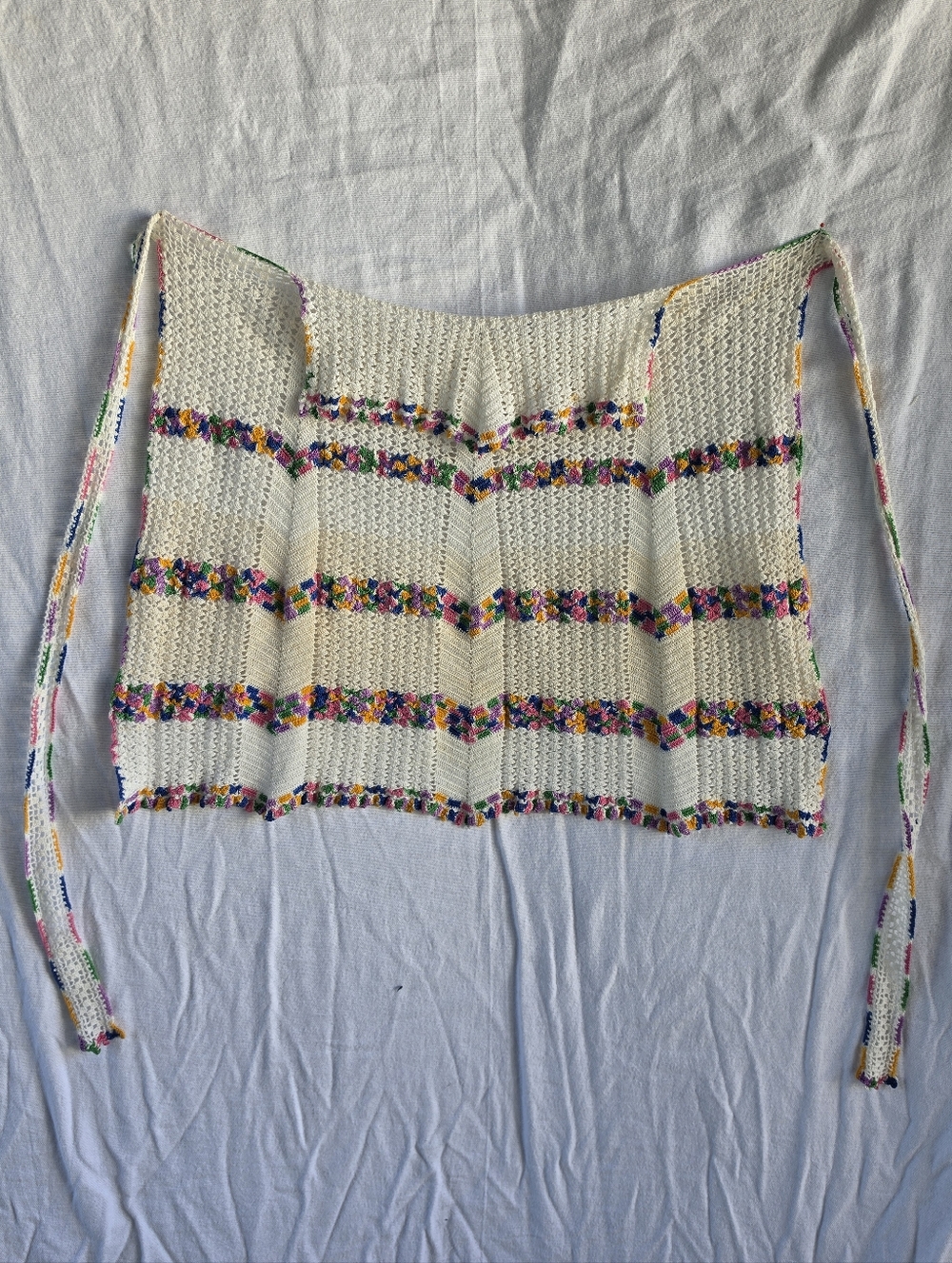 Vintage Retro Crochet Half Apron Cream Multicolor Stripe Cottagecore Boho